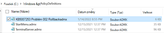 Okno Definice zásad