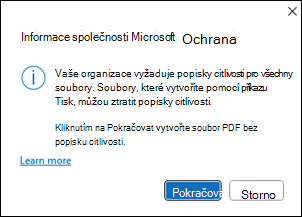 Ochrana informací Microsoft Info create PDF window
