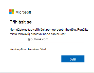 Snímek obrazovky s chybou přihlášení do Outlooku