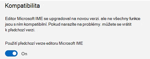 Snímek obrazovky sekce kompatibility Microsoft IME