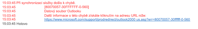 Složka Nezdařené synchronizace, chyba 80070057-30FFFFFF-0-560