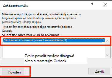 Snímek obrazovky s dialogem pro povolení zakázaných položek.