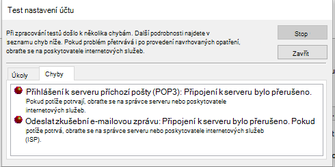 Snímek obrazovky s oknem Nastavení testovacího účtu Karta Chyby – POP3