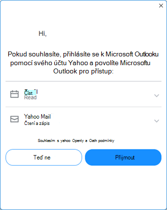 Obrazovka čtyři nastavení aplikace Yahoo Outlook – odsouhlaste podmínky společnosti Yahoo
