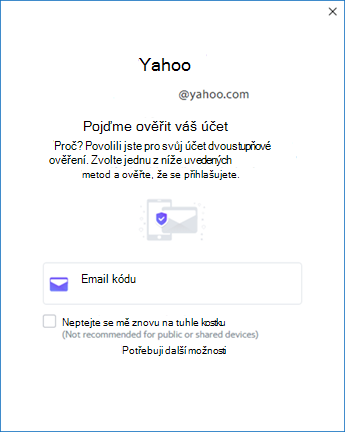Obrazovka 3 nastavení aplikace Yahoo Outlook – ověření účtu