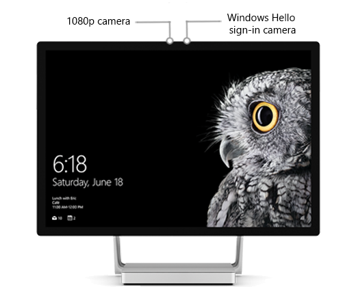 Obrázek displeje Surface Studio s popisky identifikujícími polohu obou fotoaparátů v blízkosti středu v horní části