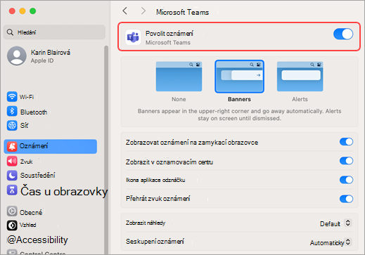 Nastavení systému Mac povoluje oznámení Microsoft Teams