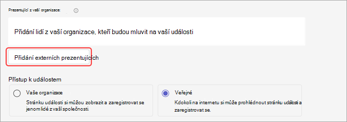 Snímek obrazovky znázorňující, jak do webináře přidat externí prezentující