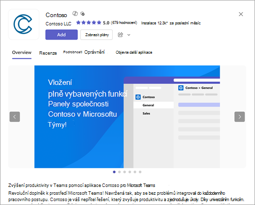 Snímek obrazovky s oknem, které se otevře, když vyberete aplikaci.