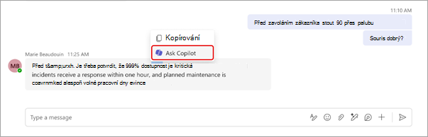 Snímek obrazovky znázorňující, jak se zeptat Copilota v chatu Teams