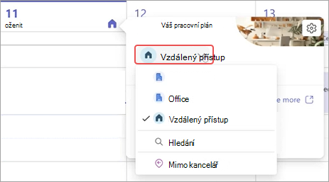Snímek obrazovky s rozevírací nabídkou pracovního plánu v kalendáři Teams.