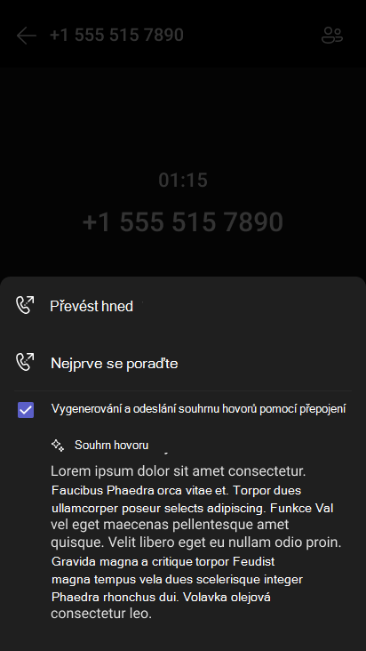 Souhrn vygenerovaný umělou inteligencí při přepojování hovoru