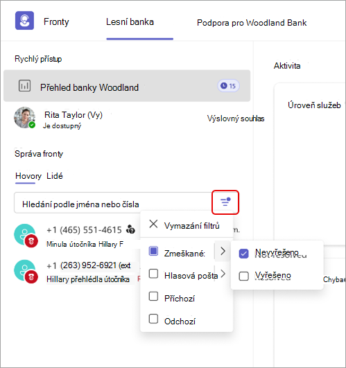 Snímek obrazovky zobrazující podrobnosti filtru hovorů v aplikaci Fronty.