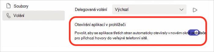 Snímek obrazovky s nastavením pro zapnutí nebo vypnutí odpovědi na hovory v automaticky otevíraném okně prohlížeče.