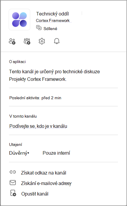 Snímek obrazovky s kartou kanálu. Najeďte myší na název kanálu, abyste si zobrazili jeho kartu kanálu.