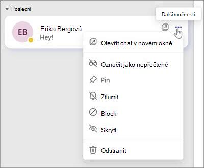 Snímek obrazovky s nabídkou Chat možností