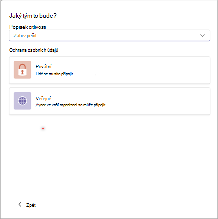 Snímek obrazovky s oknem pro vytvoření nového týmu v Microsoft Teams s možnostmi nastavit citlivost jako Zabezpečená a soukromí jako Soukromá nebo Veřejná.