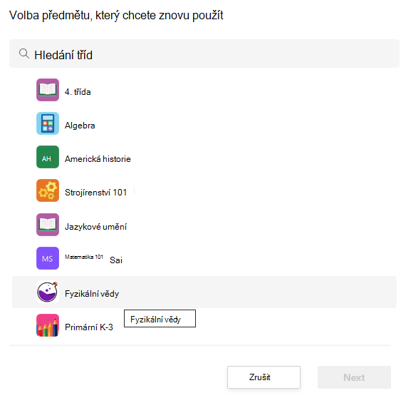 Výběr předmětu, ze kterého chcete zadání znovu použít