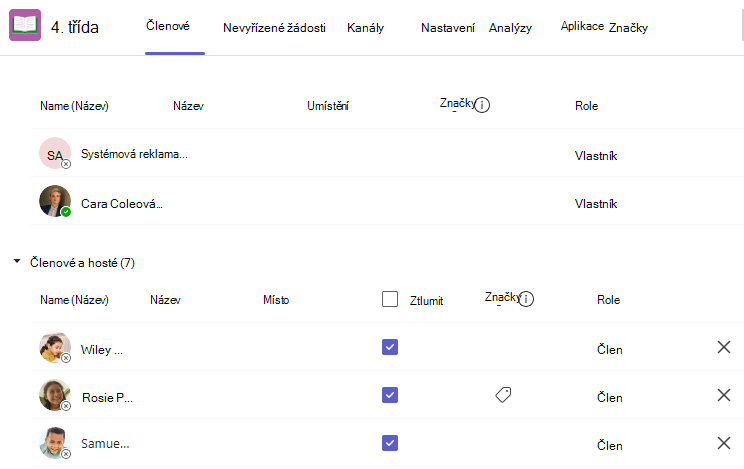 Seznam členů týmu předmětu s tlačítky X pro odebírání studentů