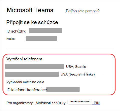 Snímek obrazovky, kde je vidět, kde se můžete telefonicky připojit ke schůzce Teams.