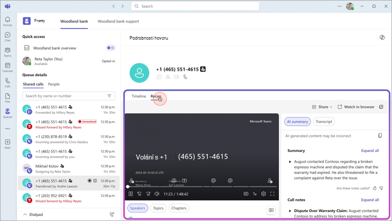 Snímek obrazovky zobrazující inteligentní rekapitulace hovorů v Teams