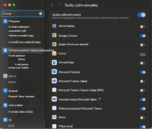 Snímek obrazovky dialogového okna nastavení umístění pro MAC
