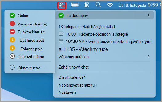 Snímek obrazovky znázorňující nabídku rychlých akcí pro Teams na Macu.