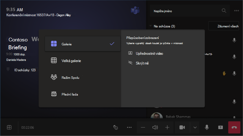 Přizpůsobení zobrazení místnosti mezi možnostmi Upřednostnit video nebo Skrýt