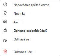 Snímek obrazovky Teams Bezplatné mobilní nastavení s nápovědou, co je nového, o aplikaci, ochrana osobních údajů, odhlášení a odstranění účtu