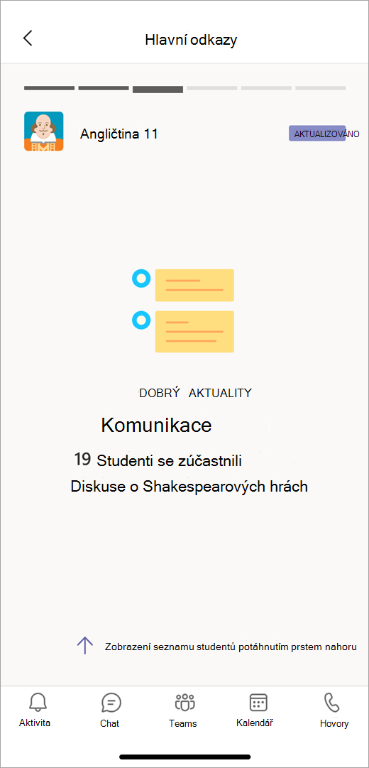 Vybraná data komunikace z přehledů v mobilním zobrazení ukazuje učiteli, že se 19 studentů zúčastnilo diskuze o Shakespearovi.