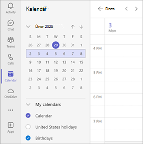 Snímek obrazovky zobrazující více kalendářů vybraných v kalendáři Teams.