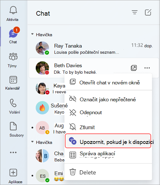 Snímek obrazovky znázorňující, jak dostávat oznámení, když se změní něčí stav z chatu.