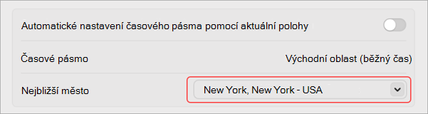 Nastavení pro změnu časového pásma v systému MacOS