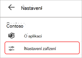 Snímek obrazovky s uživatelským rozhraním nastavení zařízení zvýrazněným na panel Teams