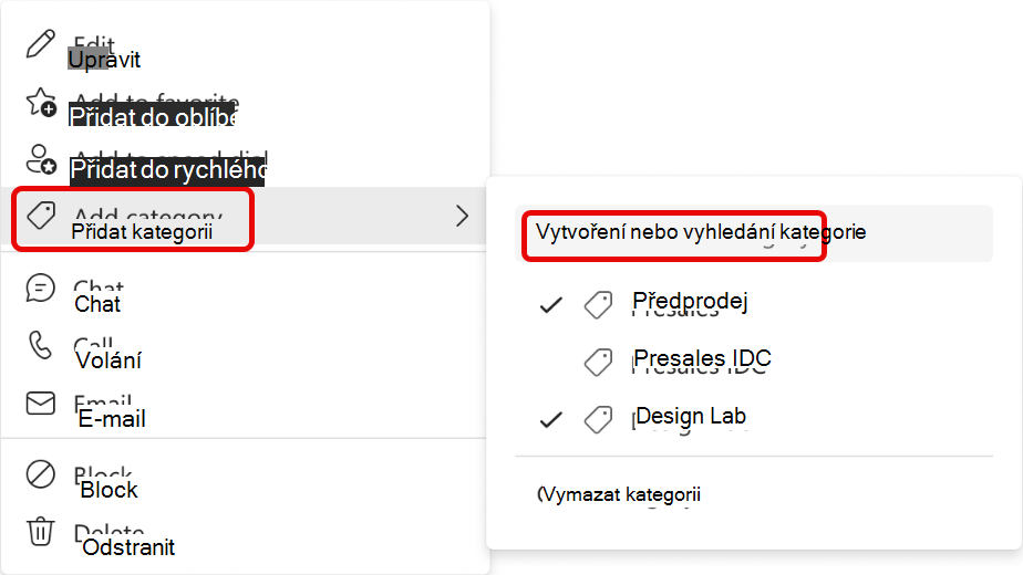 Snímek obrazovky s nabídkou pro přidání kontaktu do kategorie