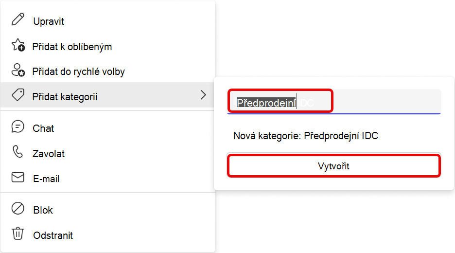Snímek obrazovky pracovního postupu přidání kategorie v aplikaci Teams People