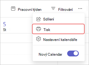 Snímek obrazovky se zvýrazněnou možností tisku v kalendáři Teams.