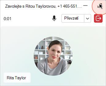 Rozhraní hovoru s ovládacími prvky ztlumení, převzetí a ukončení hovoru.