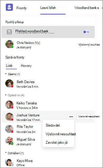Systém správy front zobrazující stavy agentů a možnosti monitorování, odhlášení nebo volání.