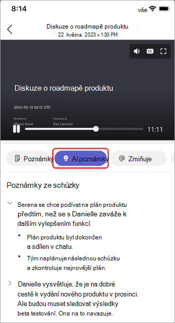 Zobrazte poznámky vygenerované umělou inteligencí v rekapitulaci schůzky v Teams.