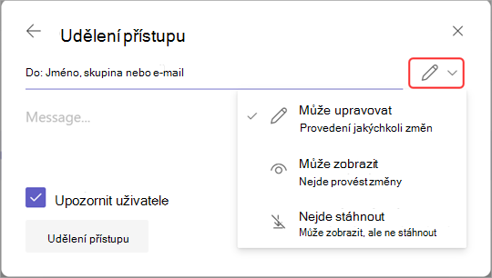 Obrázek se zvýrazněnou ikonou úprav pro správu přístupu k nahrávání.