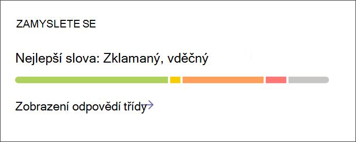 Vstupní bod pro zobrazení podrobných přehledů o kontrole reflexe. Karta má barevný pruh, který označuje poměry různých pocitů, které studenti sdíleli. Výběrem karty získáte podrobnější informace.