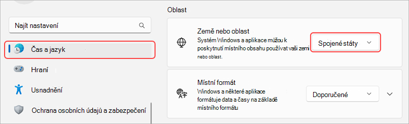 Místní nastavení na zařízení s Windows.