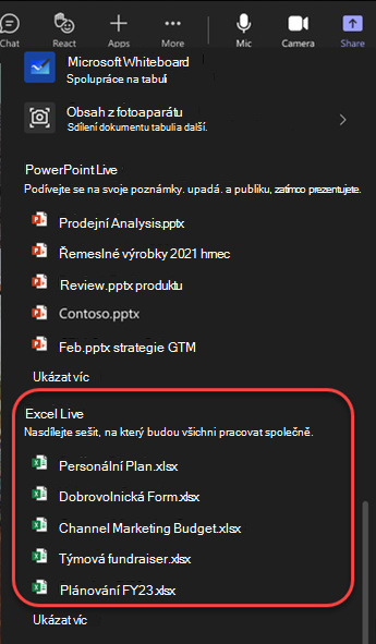 Snímek obrazovky s možnostmi sdílení, které zvýrazňují excelové soubory na schůzce v Teams.