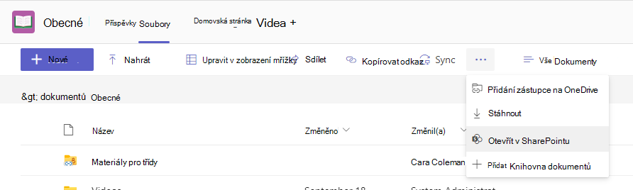 Nabídka karty Files s vybranou možností Otevřít v SharePointu