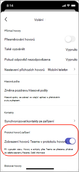 V protokolu hovorů v iOSu můžete zobrazit nebo skrýt týmové hovory.