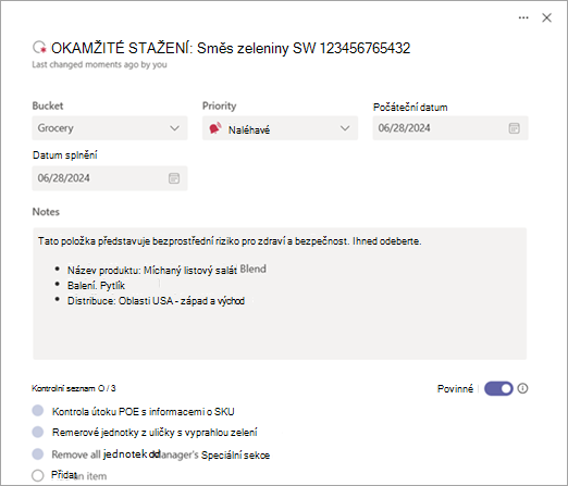 Snímek obrazovky úkolu s požadavkem na kontrolní seznam s přepínačem Požadováno
