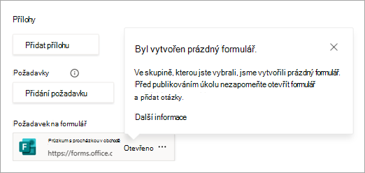 Snímek obrazovky zobrazující nový formulář přidaný k úkolu.