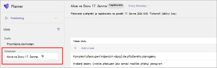 Snímek obrazovky se seznamem opakovaných úkolů v části Naplánováno na stránce Publikování.