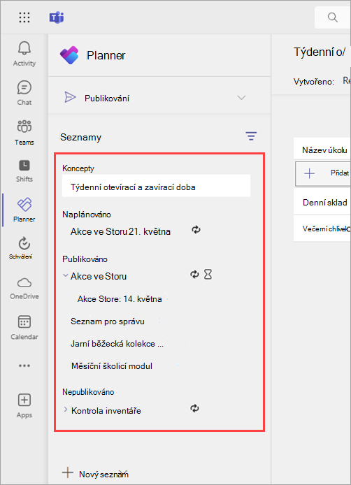 Snímek obrazovky znázorňující části Koncepty, Plánované, Publikované a Nepublikované na stránce Publikování v aplikaci Planner.
